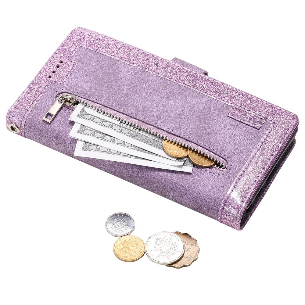 For iPhone 17 Pro Max Case 9 Card Slots Zipper Wallet PU Leather Phone Cover with Wrist Strap - Purple