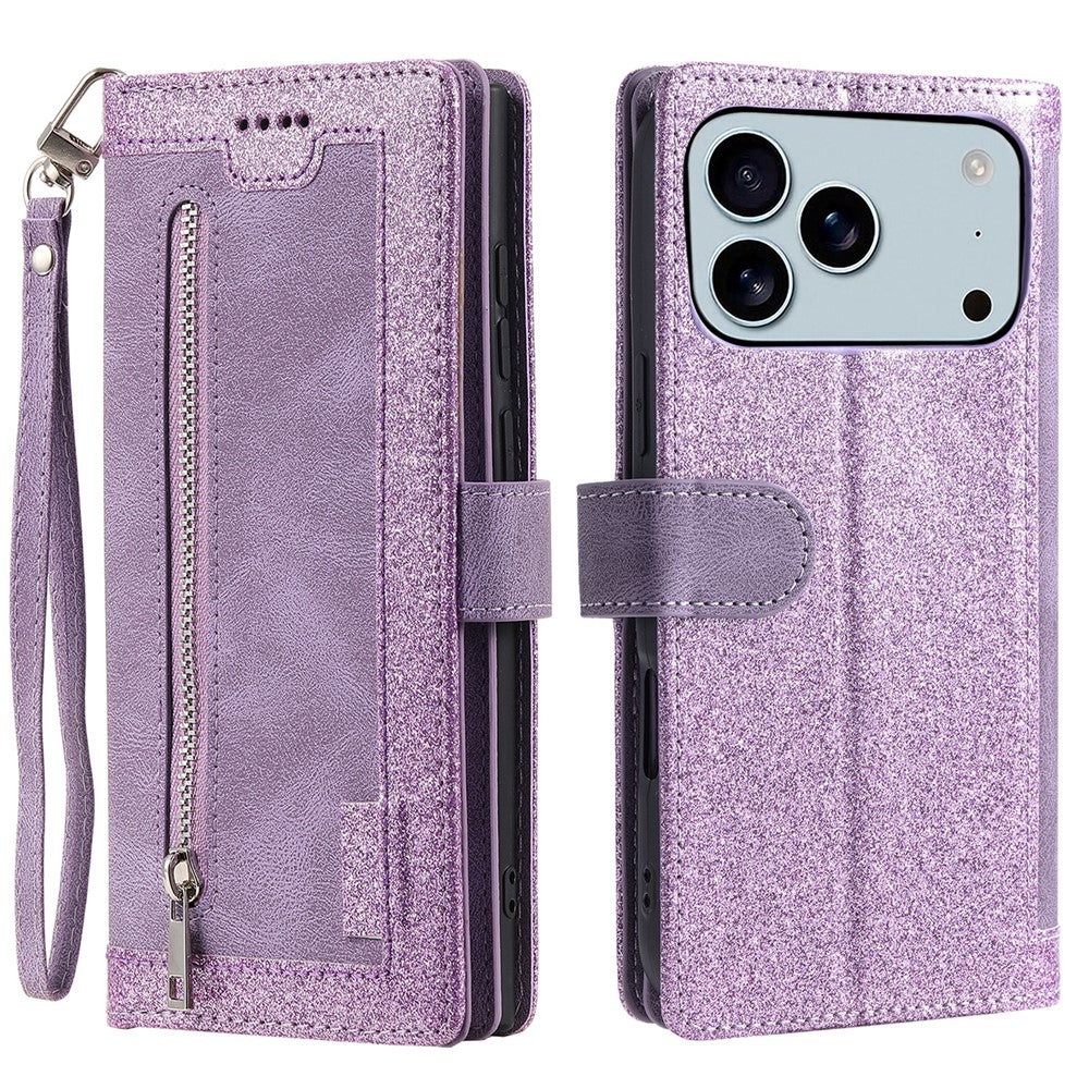 For iPhone 17 Pro Max Case 9 Card Slots Zipper Wallet PU Leather Phone Cover with Wrist Strap - Purple