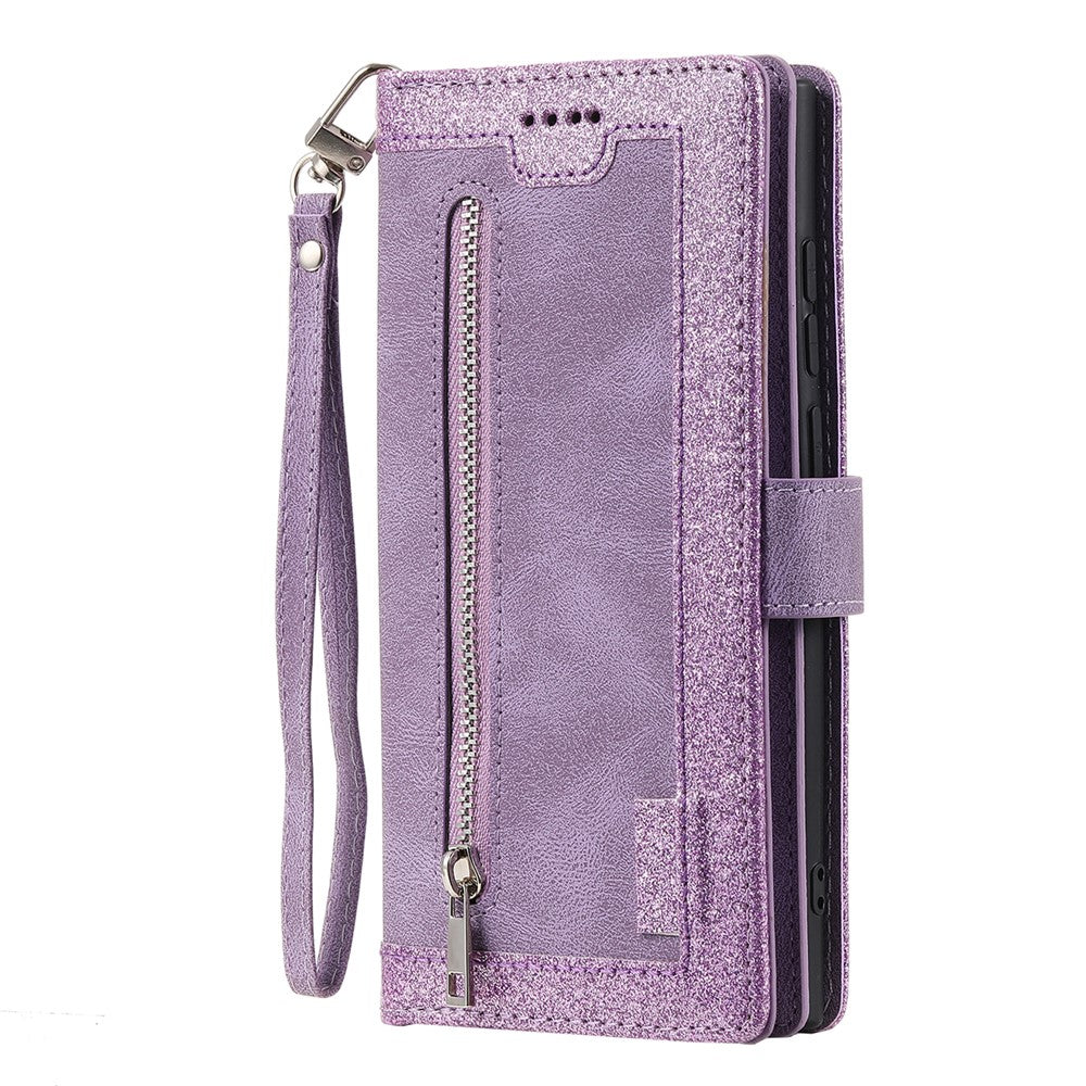 For iPhone 17 Pro Max Case 9 Card Slots Zipper Wallet PU Leather Phone Cover with Wrist Strap - Purple