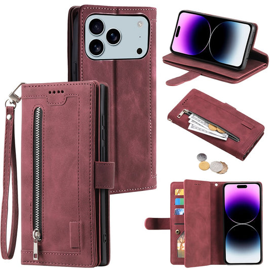 For iPhone 17 Pro Max Case 9 Card Slots Zipper Wallet PU Leather Phone Cover with Wrist Strap - Wine Red