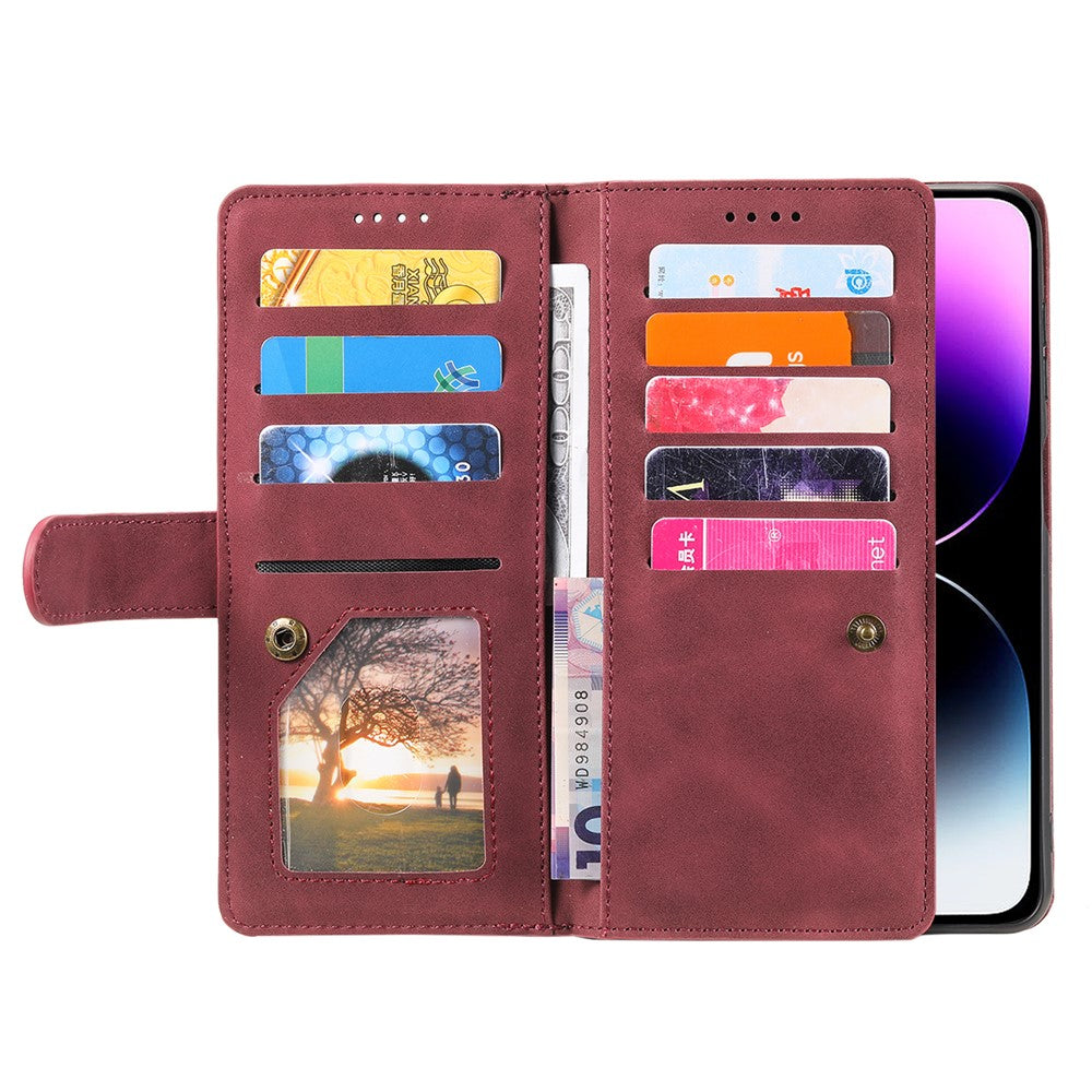 For iPhone 17 Pro Max Case 9 Card Slots Zipper Wallet PU Leather Phone Cover with Wrist Strap - Wine Red