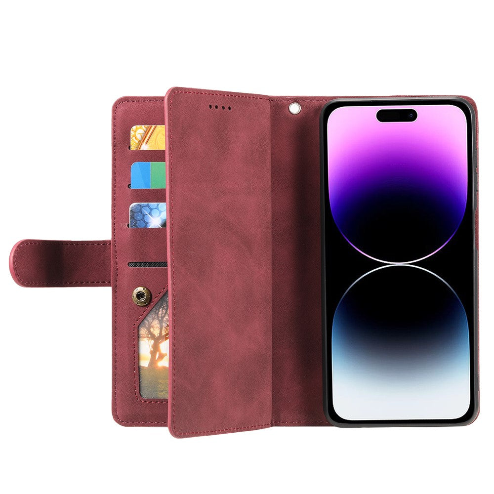 For iPhone 17 Pro Max Case 9 Card Slots Zipper Wallet PU Leather Phone Cover with Wrist Strap - Wine Red