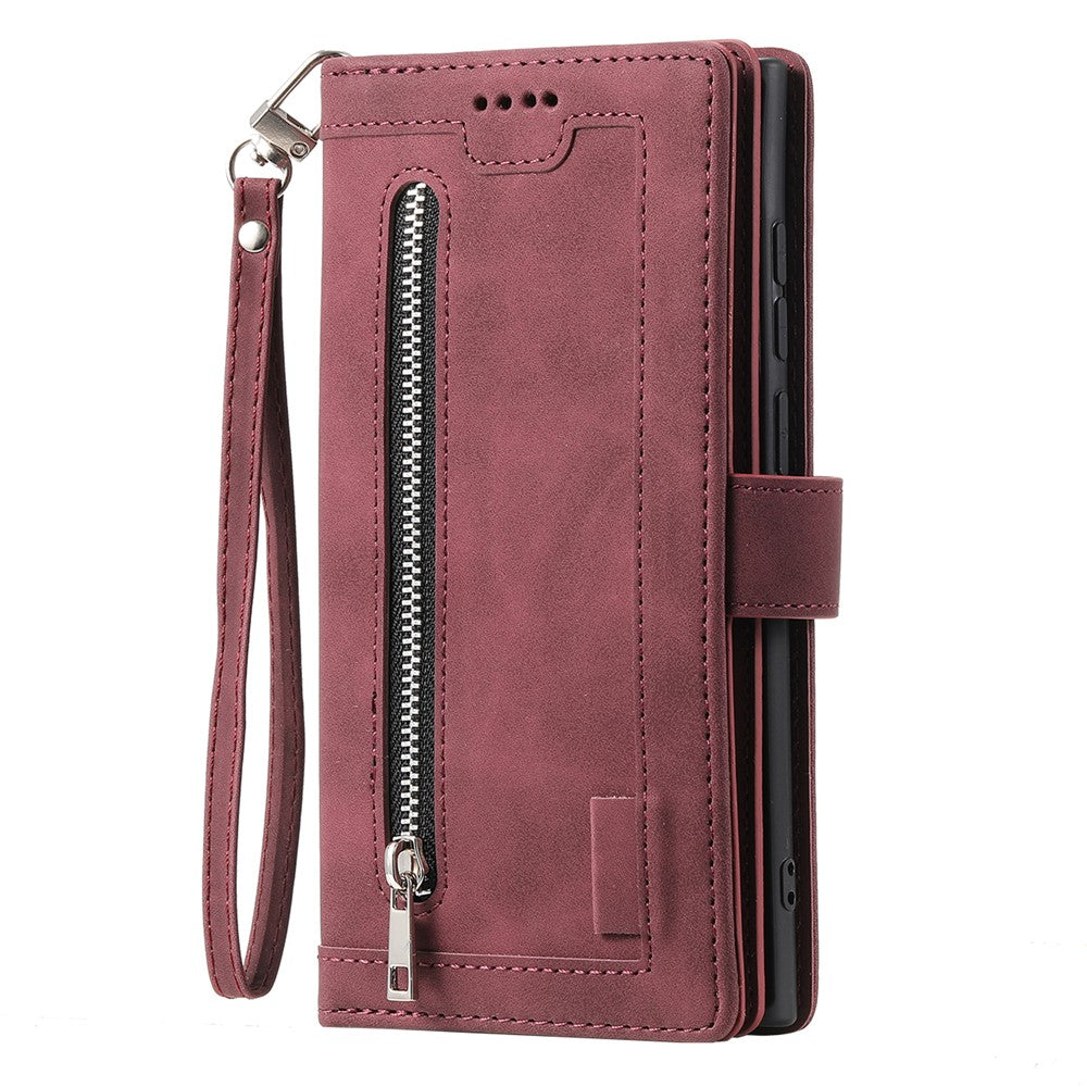 For iPhone 17 Pro Max Case 9 Card Slots Zipper Wallet PU Leather Phone Cover with Wrist Strap - Wine Red