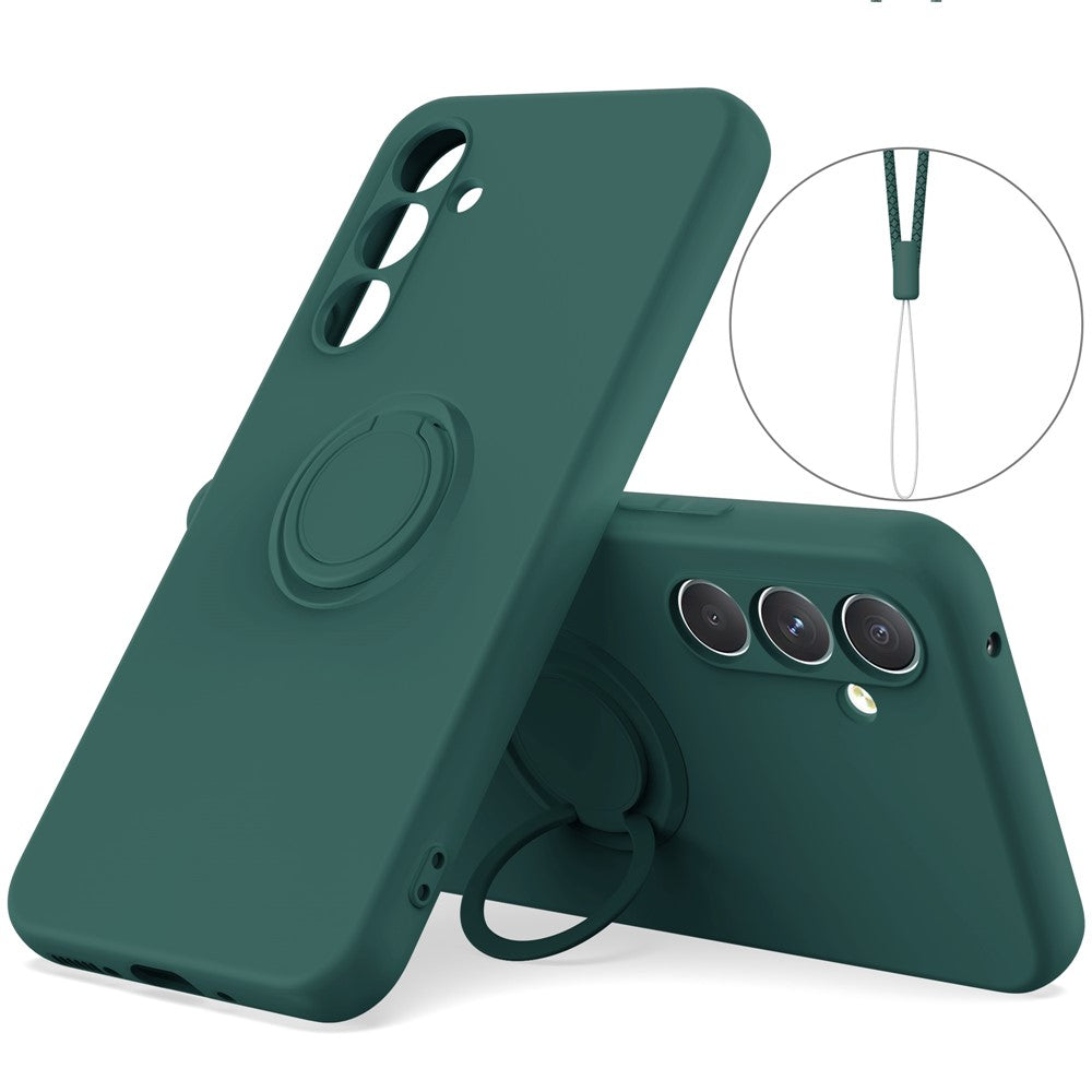 For Samsung Galaxy A17 5G Silicone Case with Strap Ring Kickstand Phone Cover - Blackish Green