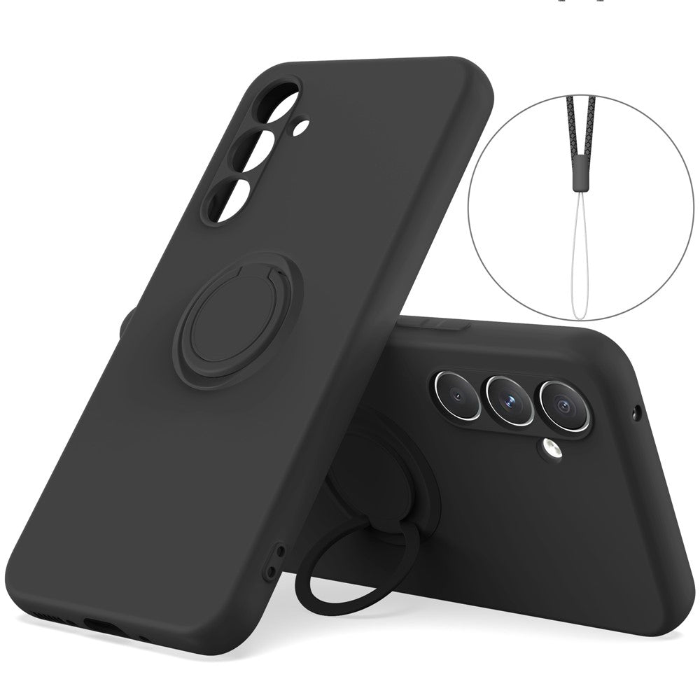 For Samsung Galaxy A17 5G Silicone Case with Strap Ring Kickstand Phone Cover - Black