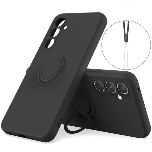 For Samsung Galaxy A17 5G Silicone Case with Strap Ring Kickstand Phone Cover - Black