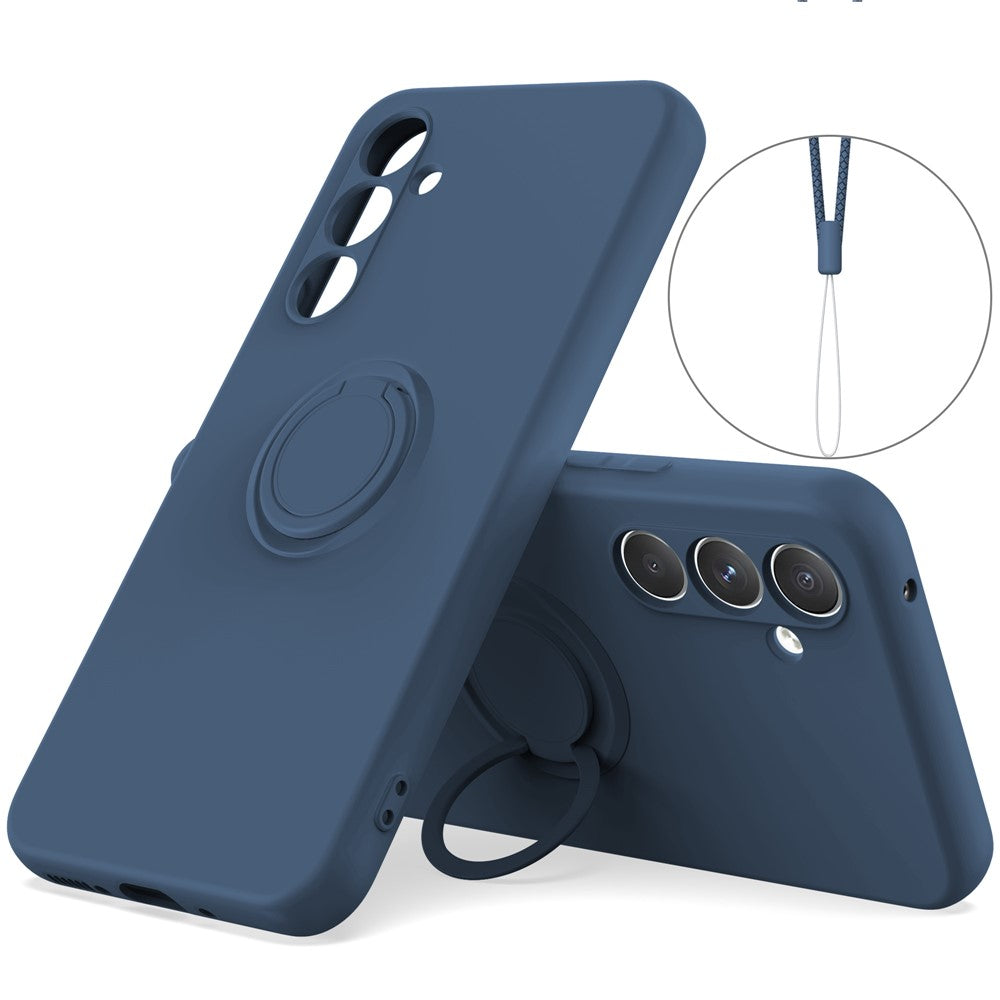 For Samsung Galaxy A17 5G Silicone Case with Strap Ring Kickstand Phone Cover - Midnight Blue
