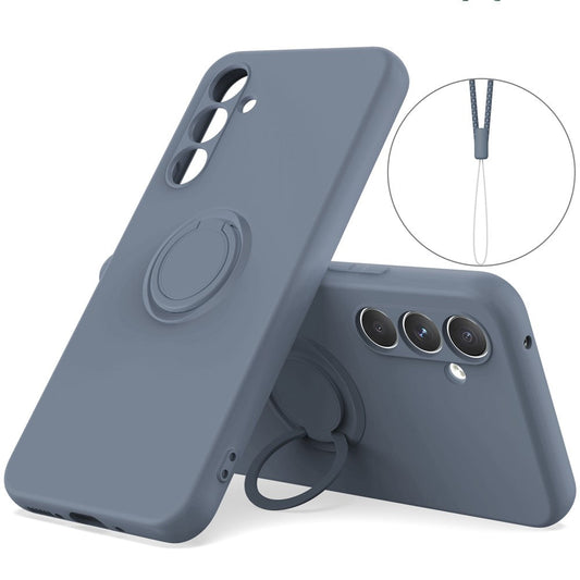 For Samsung Galaxy A17 5G Silicone Case with Strap Ring Kickstand Phone Cover - Dark Blue