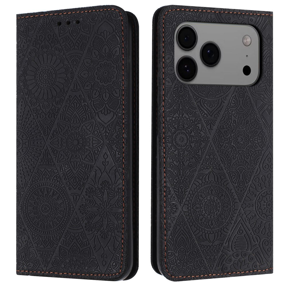 For iPhone 17 Pro Max Case Imprinted Flower Wallet Stand Leather Phone Cover - Black