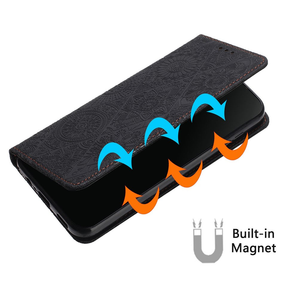 For iPhone 17 Pro Max Case Imprinted Flower Wallet Stand Leather Phone Cover - Black