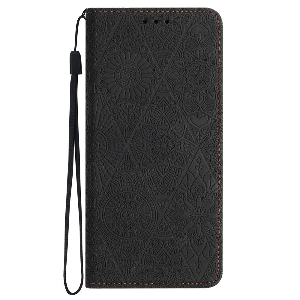 For iPhone 17 Pro Max Case Imprinted Flower Wallet Stand Leather Phone Cover - Black