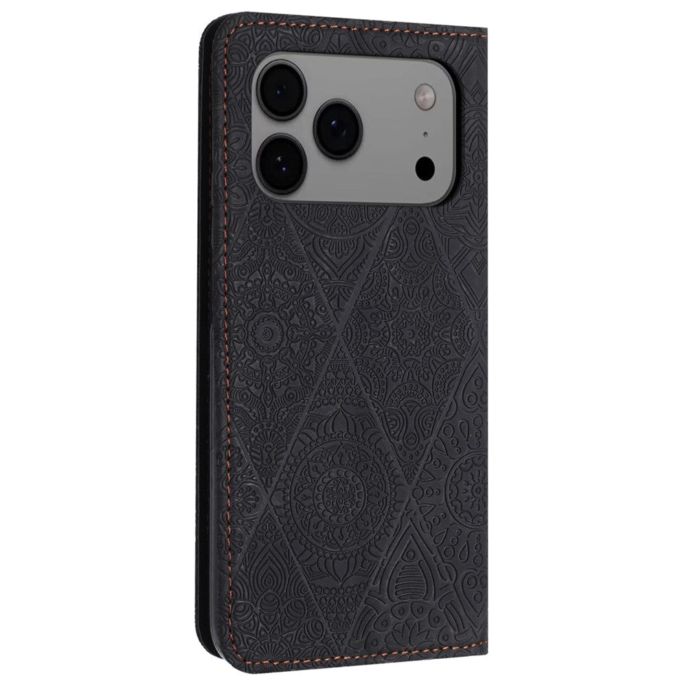 For iPhone 17 Pro Max Case Imprinted Flower Wallet Stand Leather Phone Cover - Black