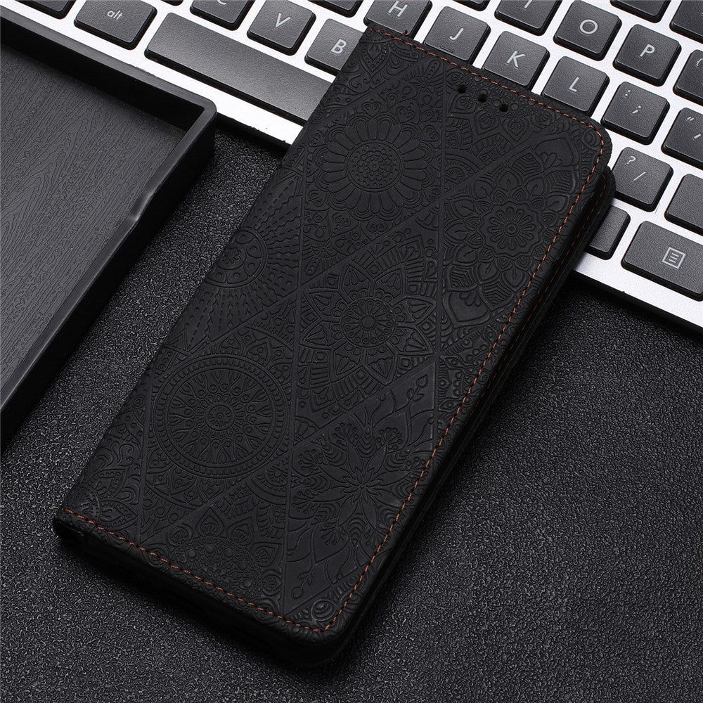 For iPhone 17 Pro Max Case Imprinted Flower Wallet Stand Leather Phone Cover - Black