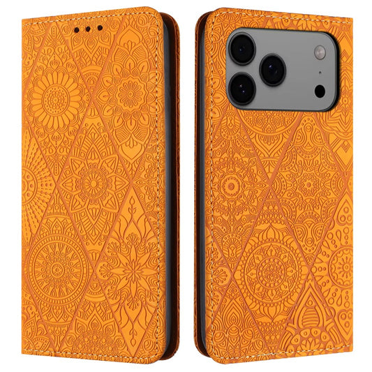For iPhone 17 Pro Max Case Imprinted Flower Wallet Stand Leather Phone Cover - Yellow