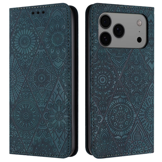 For iPhone 17 Pro Max Case Imprinted Flower Wallet Stand Leather Phone Cover - Blue