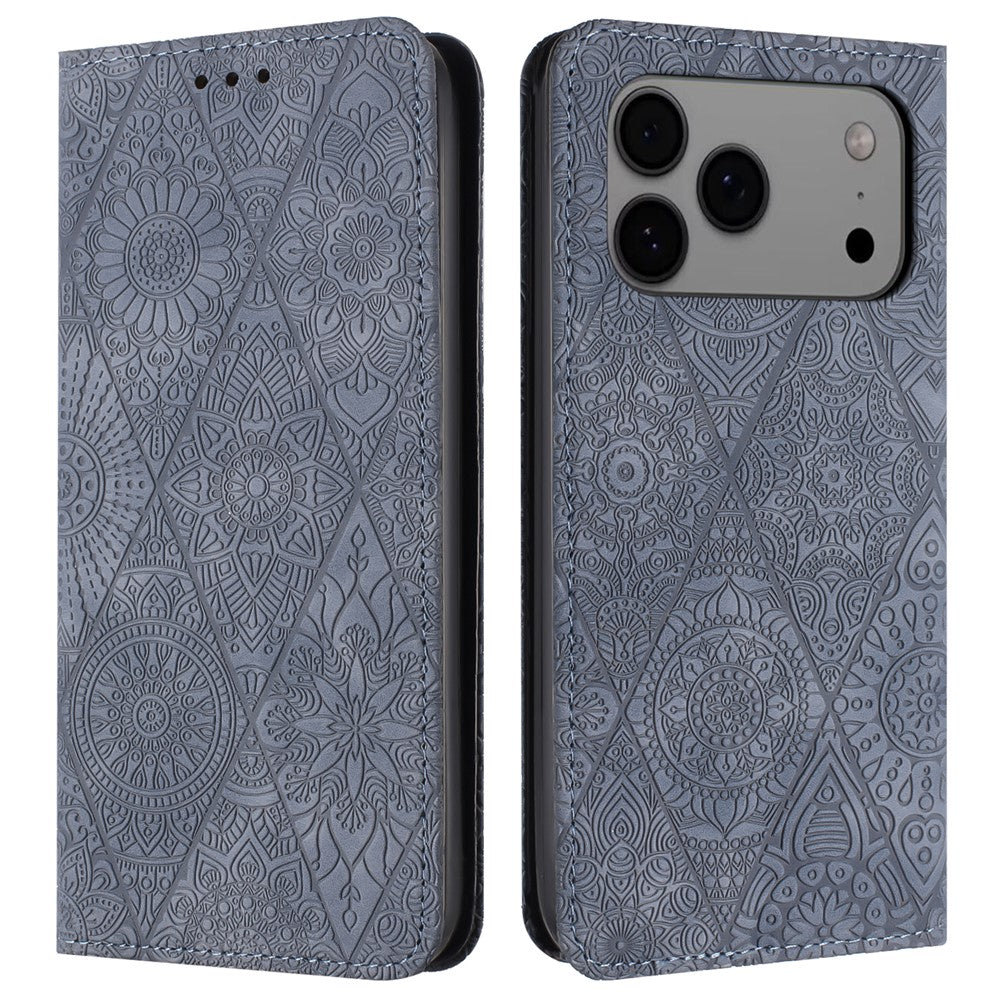 For iPhone 17 Pro Max Case Imprinted Flower Wallet Stand Leather Phone Cover - Grey
