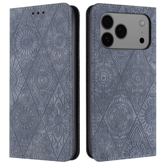 For iPhone 17 Pro Max Case Imprinted Flower Wallet Stand Leather Phone Cover - Grey