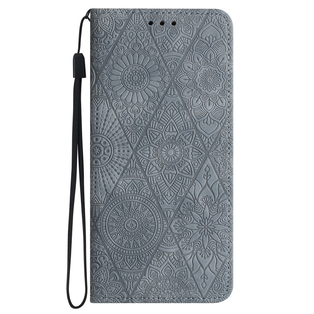 For iPhone 17 Pro Max Case Imprinted Flower Wallet Stand Leather Phone Cover - Grey