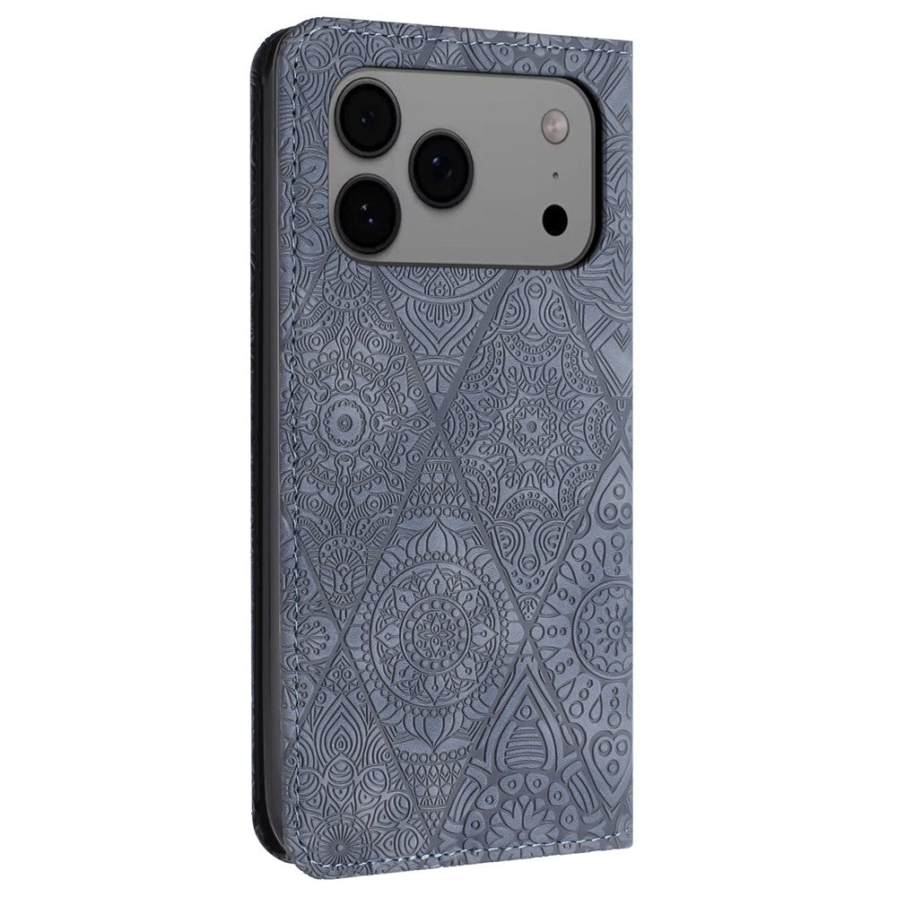 For iPhone 17 Pro Max Case Imprinted Flower Wallet Stand Leather Phone Cover - Grey