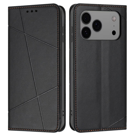 For iPhone 17 Pro Max Wallet Case Line Imprinted Leather Stand Phone Cover with Wrist Strap - Black