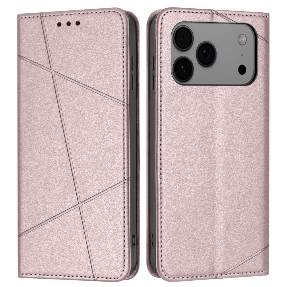 For iPhone 17 Pro Max Wallet Case Line Imprinted Leather Stand Phone Cover with Wrist Strap - Rose Gold