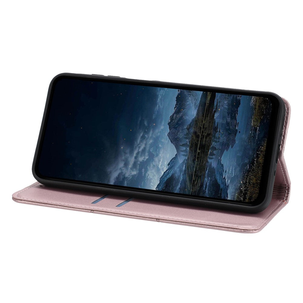 For iPhone 17 Pro Max Wallet Case Line Imprinted Leather Stand Phone Cover with Wrist Strap - Rose Gold