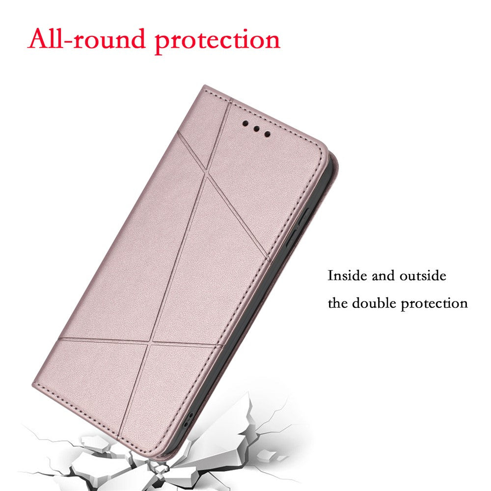 For iPhone 17 Pro Max Wallet Case Line Imprinted Leather Stand Phone Cover with Wrist Strap - Rose Gold