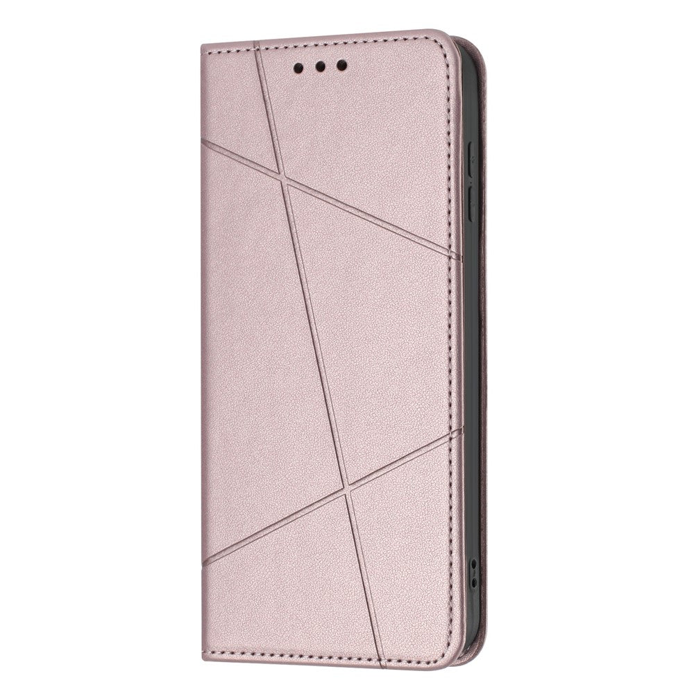 For iPhone 17 Pro Max Wallet Case Line Imprinted Leather Stand Phone Cover with Wrist Strap - Rose Gold