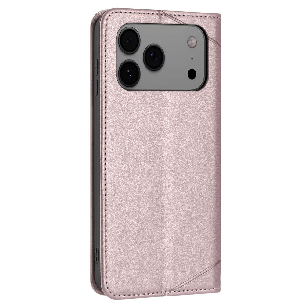 For iPhone 17 Pro Max Wallet Case Line Imprinted Leather Stand Phone Cover with Wrist Strap - Rose Gold
