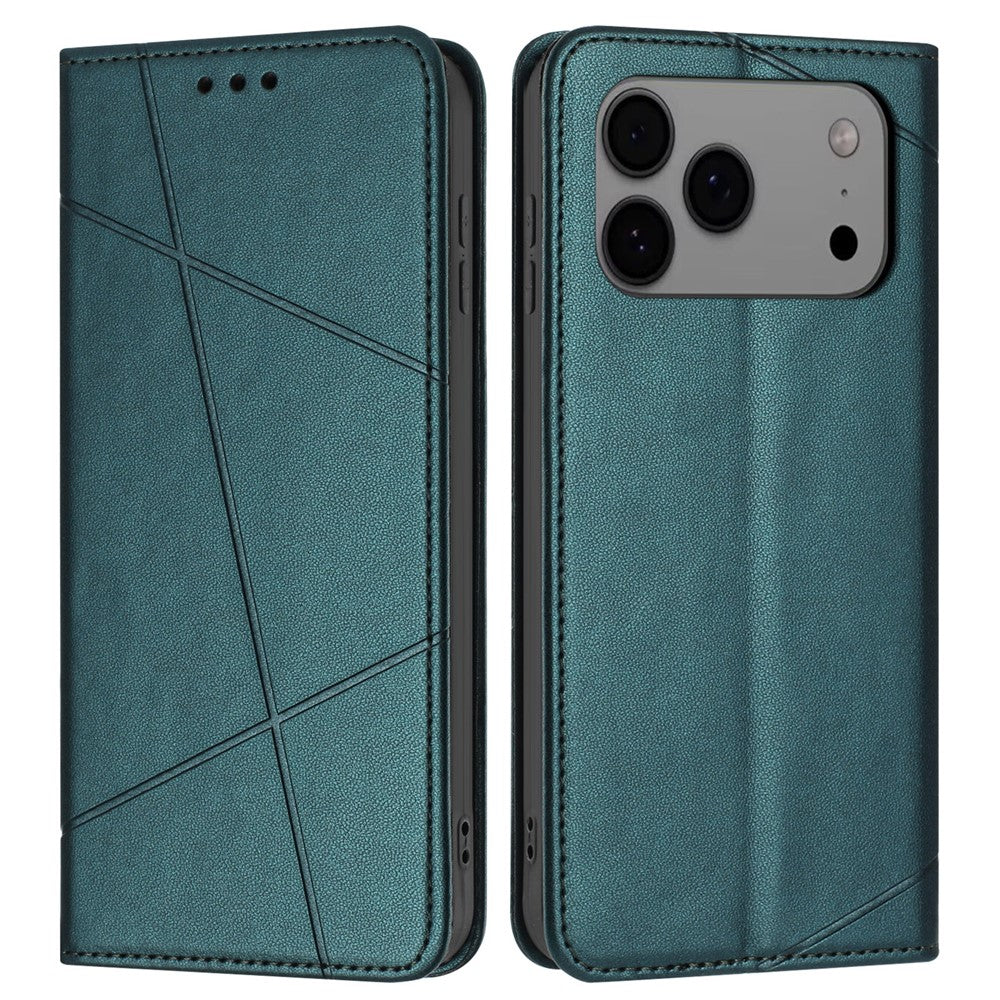 For iPhone 17 Pro Max Wallet Case Line Imprinted Leather Stand Phone Cover with Wrist Strap - Green