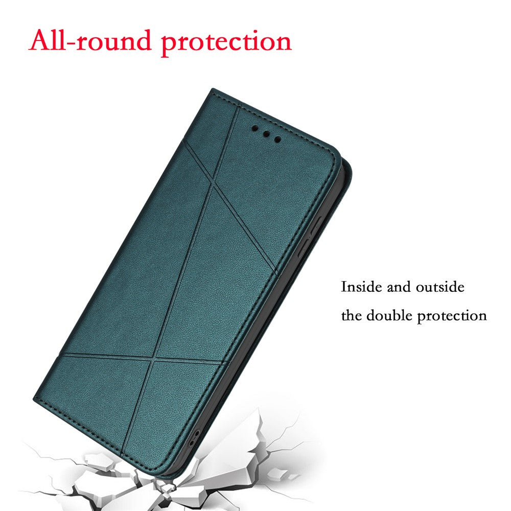 For iPhone 17 Pro Max Wallet Case Line Imprinted Leather Stand Phone Cover with Wrist Strap - Green