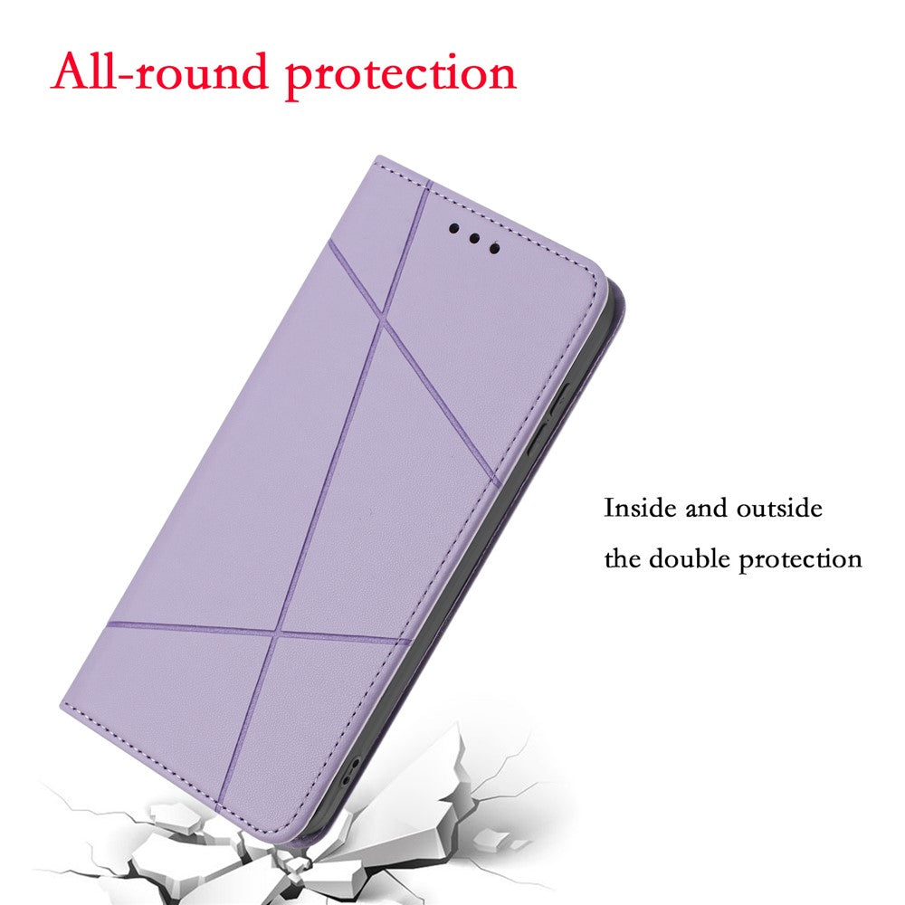 For iPhone 17 Pro Max Wallet Case Line Imprinted Leather Stand Phone Cover with Wrist Strap - Purple