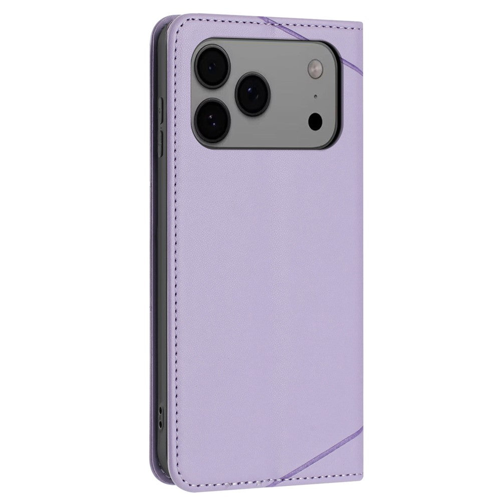 For iPhone 17 Pro Max Wallet Case Line Imprinted Leather Stand Phone Cover with Wrist Strap - Purple