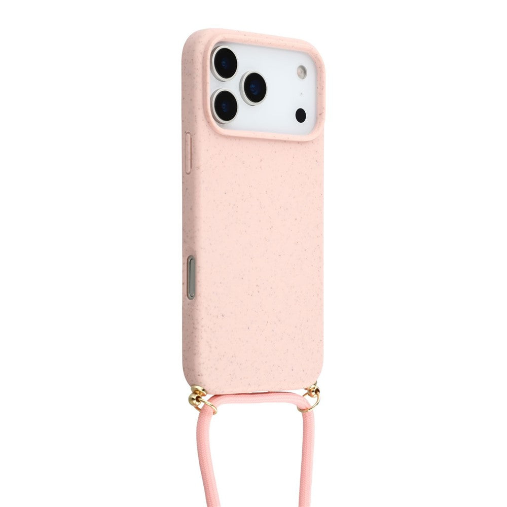 For iPhone 17 Pro Max Case Biodegradable Wheat Straw + TPU Eco-Friendly Phone Cover with Lanyard - Pink