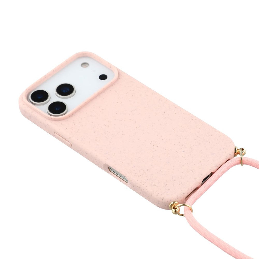 For iPhone 17 Pro Max Case Biodegradable Wheat Straw + TPU Eco-Friendly Phone Cover with Lanyard - Pink