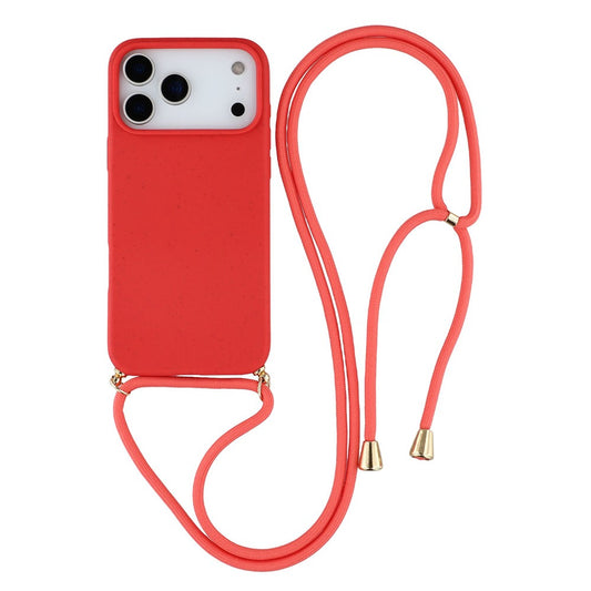 For iPhone 17 Pro Max Case Biodegradable Wheat Straw + TPU Eco-Friendly Phone Cover with Lanyard - Red