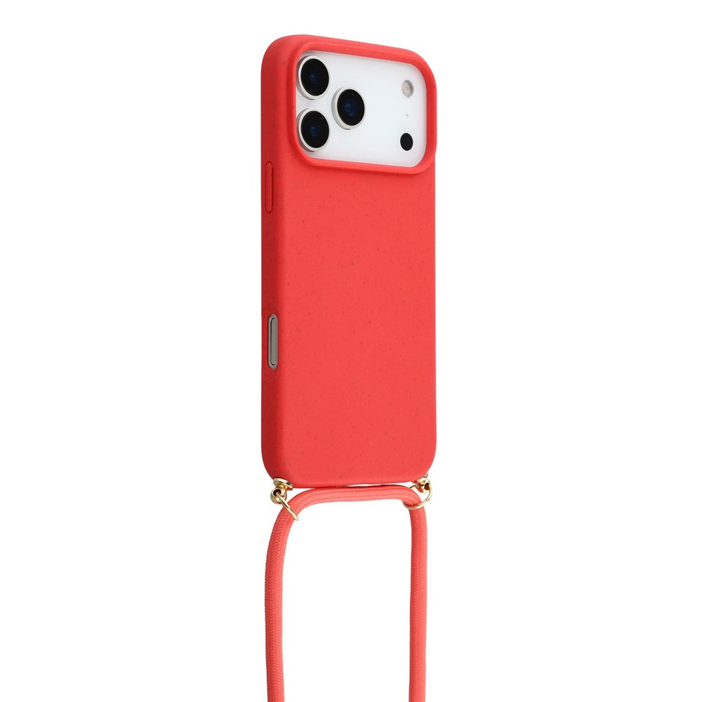 For iPhone 17 Pro Max Case Biodegradable Wheat Straw + TPU Eco-Friendly Phone Cover with Lanyard - Red