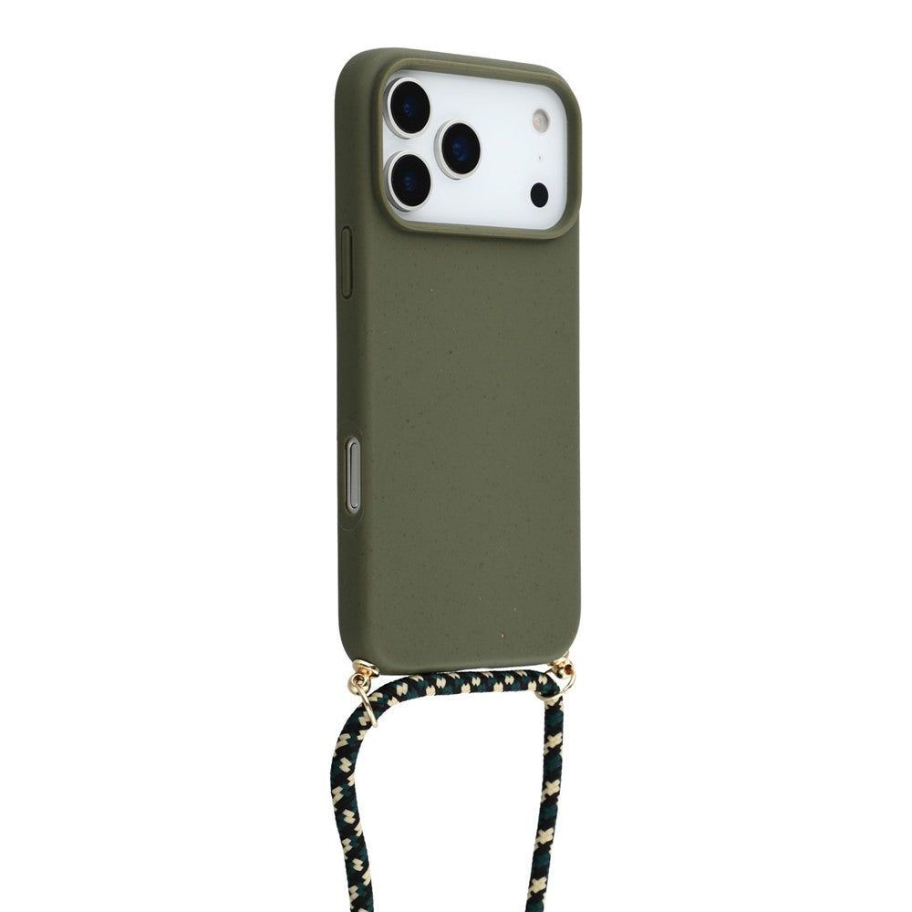 For iPhone 17 Pro Max Case Biodegradable Wheat Straw + TPU Eco-Friendly Phone Cover with Lanyard - Army Green