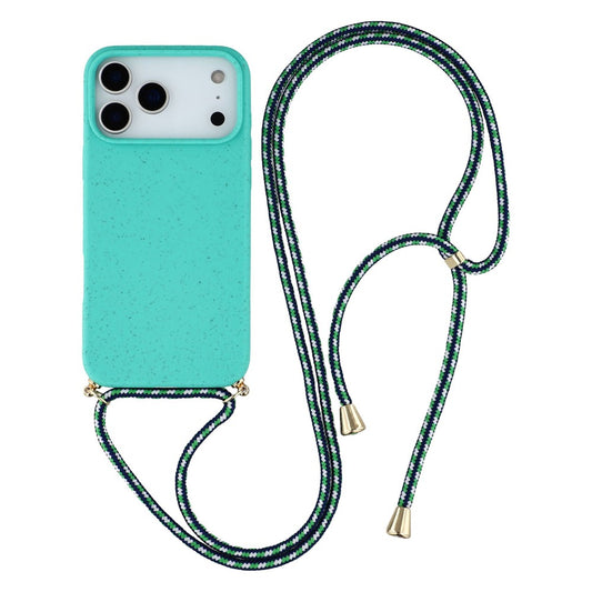 For iPhone 17 Pro Max Case Biodegradable Wheat Straw + TPU Eco-Friendly Phone Cover with Lanyard - Sky Blue