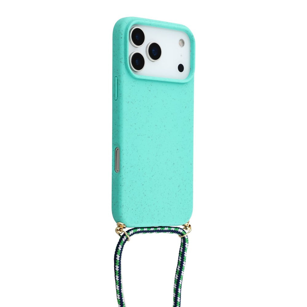 For iPhone 17 Pro Max Case Biodegradable Wheat Straw + TPU Eco-Friendly Phone Cover with Lanyard - Sky Blue