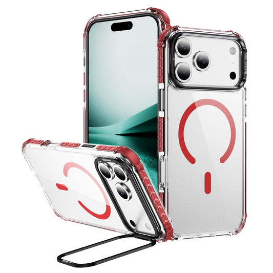 For iPhone 17 Pro Max Clear Phone Case with Lens Kickstand Cover Compatible with MagSafe - Red / Black
