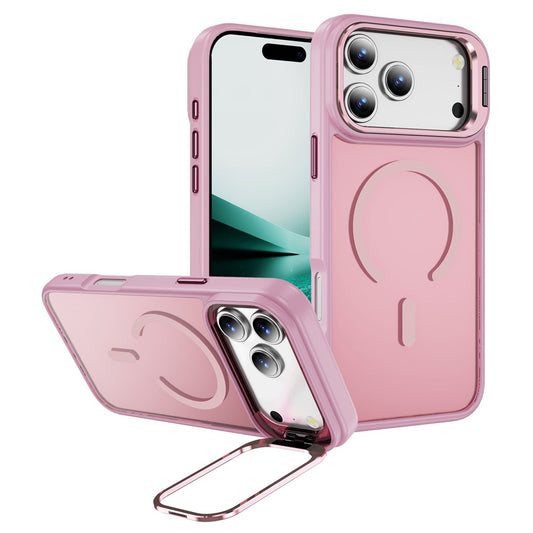 For iPhone 17 Pro Max Magnetic Case with Lens Kickstand Skin-Touch PC + TPU Phone Cover - Transparent Pink