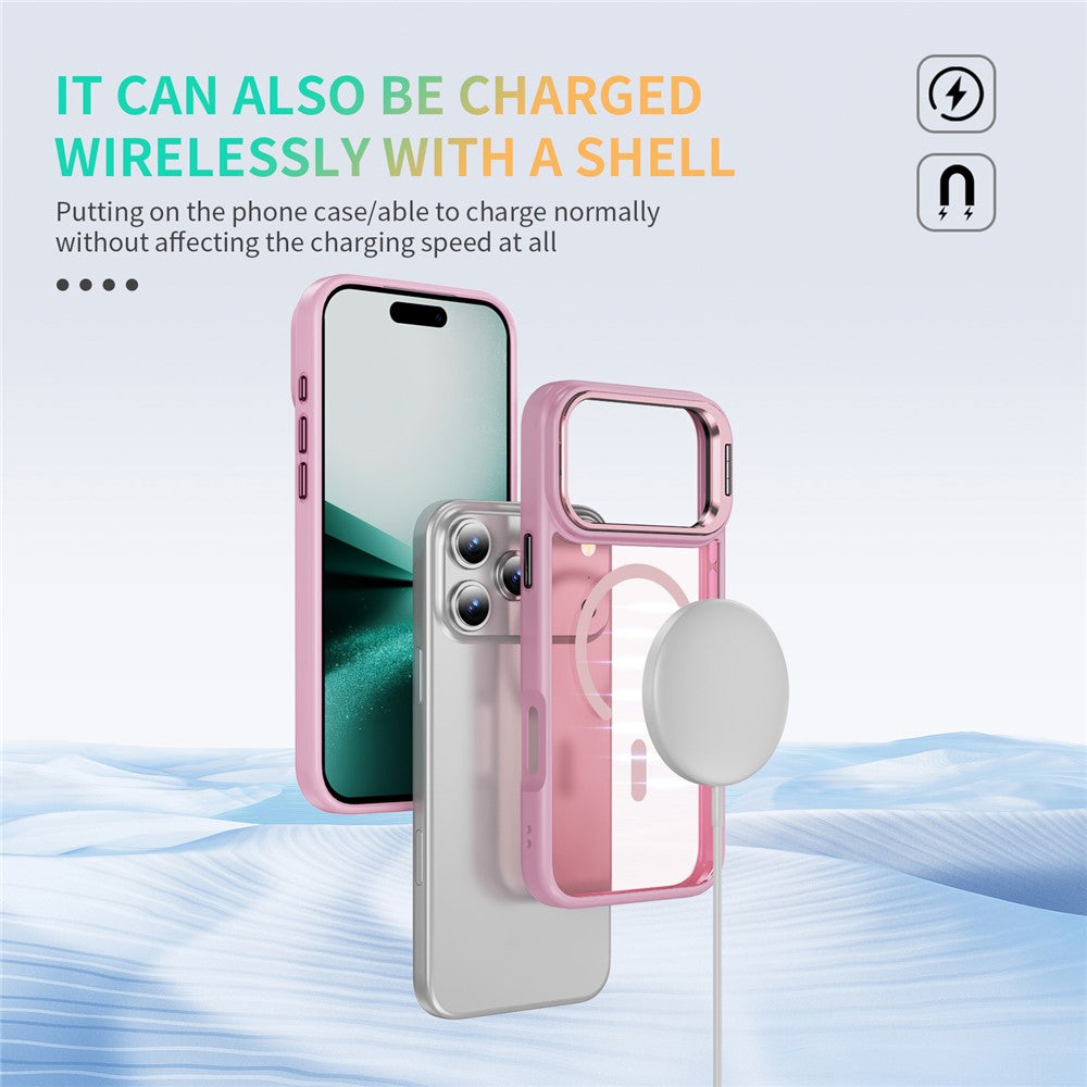 For iPhone 17 Pro Max Magnetic Case with Lens Kickstand Skin-Touch PC + TPU Phone Cover - Transparent Pink