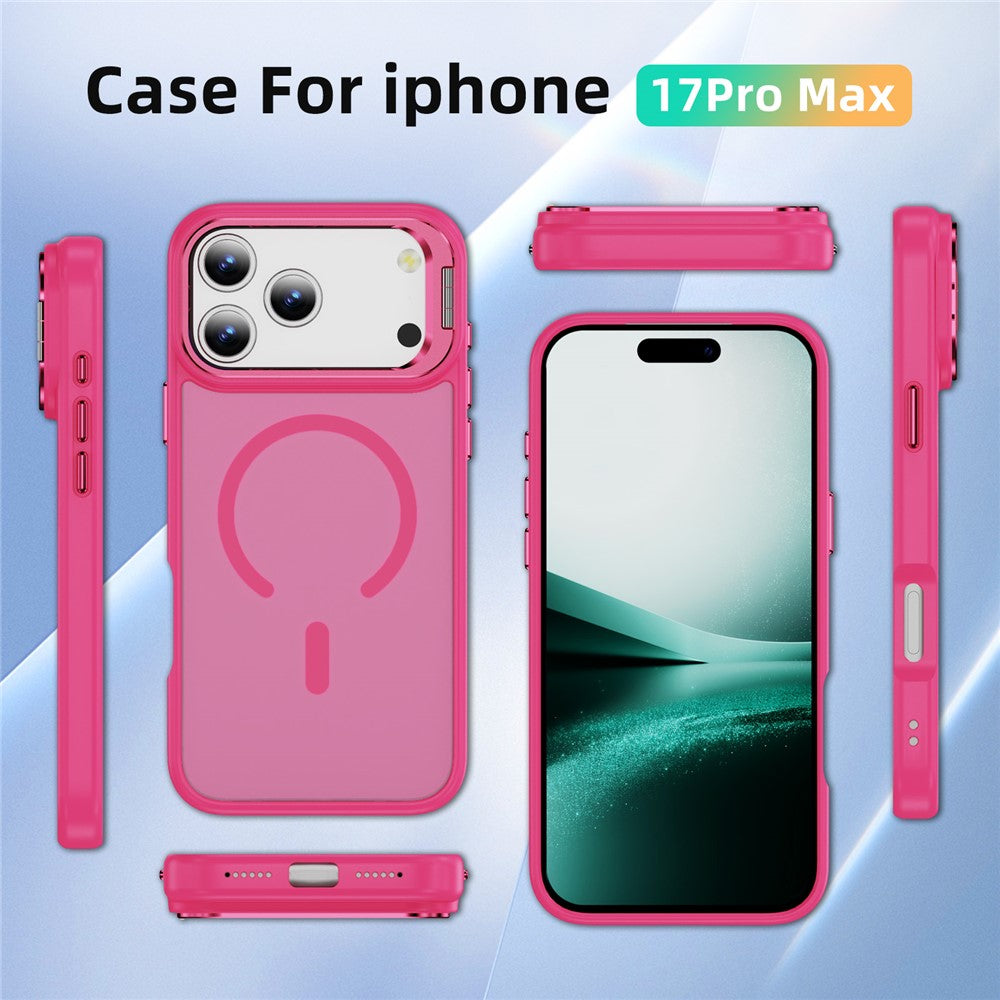 For iPhone 17 Pro Max Magnetic Case with Lens Kickstand Skin-Touch PC + TPU Phone Cover - Pink