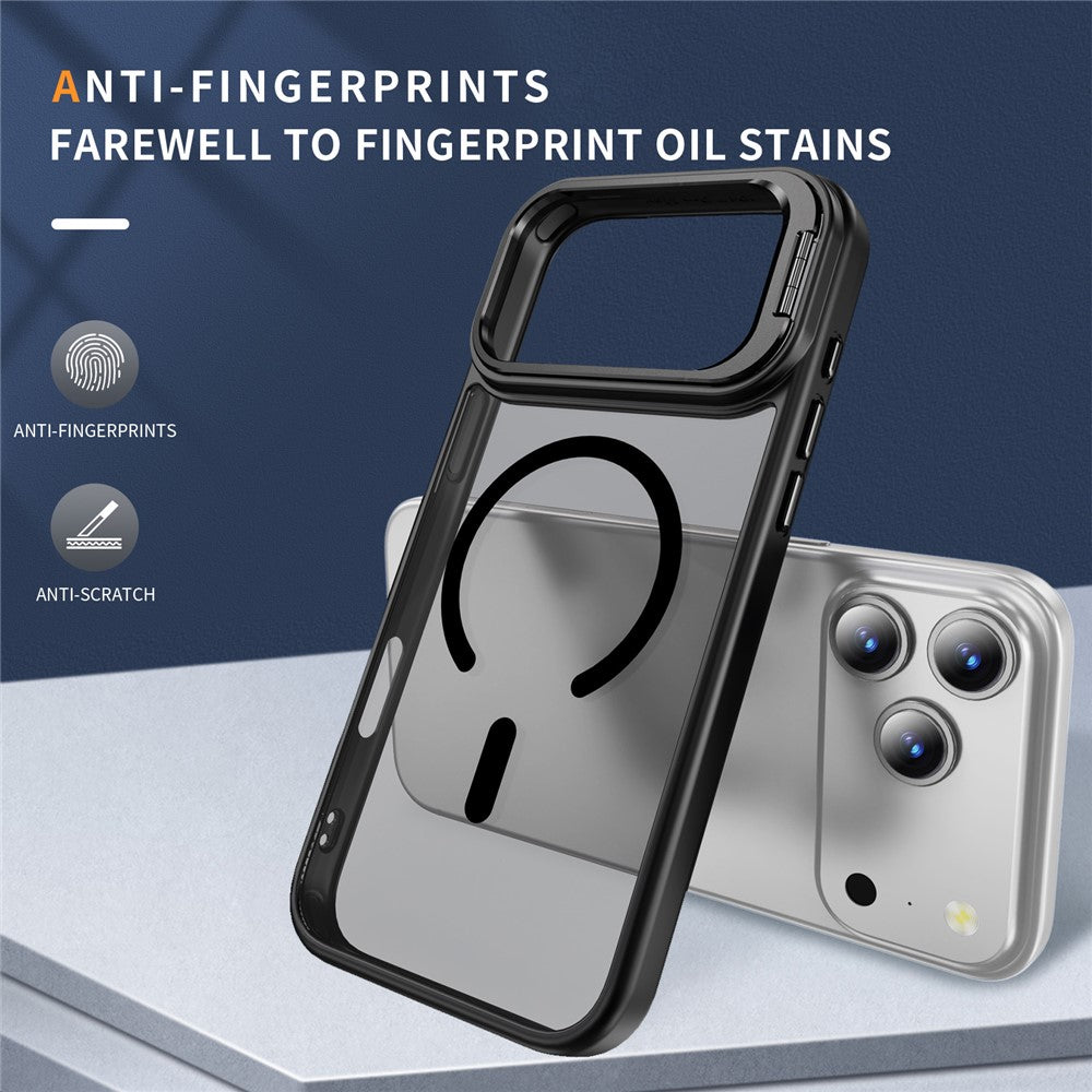 For iPhone 17 Pro Max Magnetic Case with Lens Kickstand Skin-Touch PC + TPU Phone Cover - Black