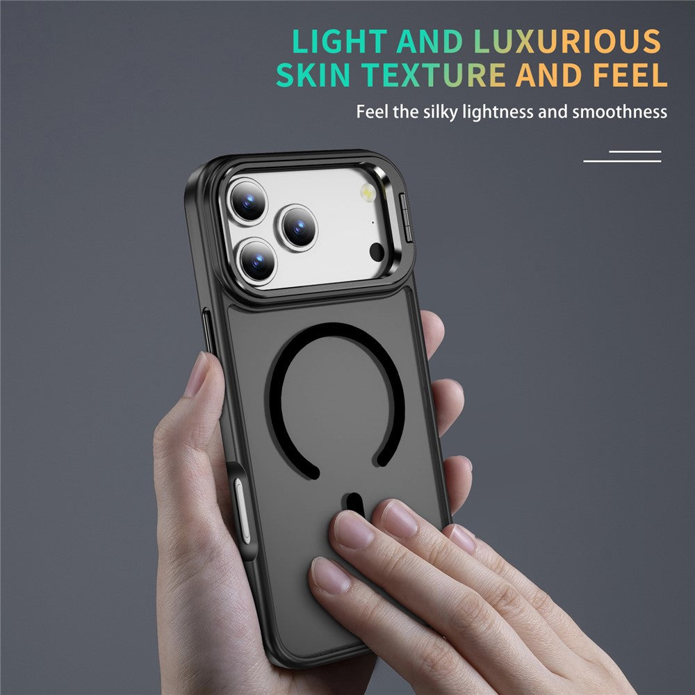 For iPhone 17 Pro Max Magnetic Case with Lens Kickstand Skin-Touch PC + TPU Phone Cover - Black