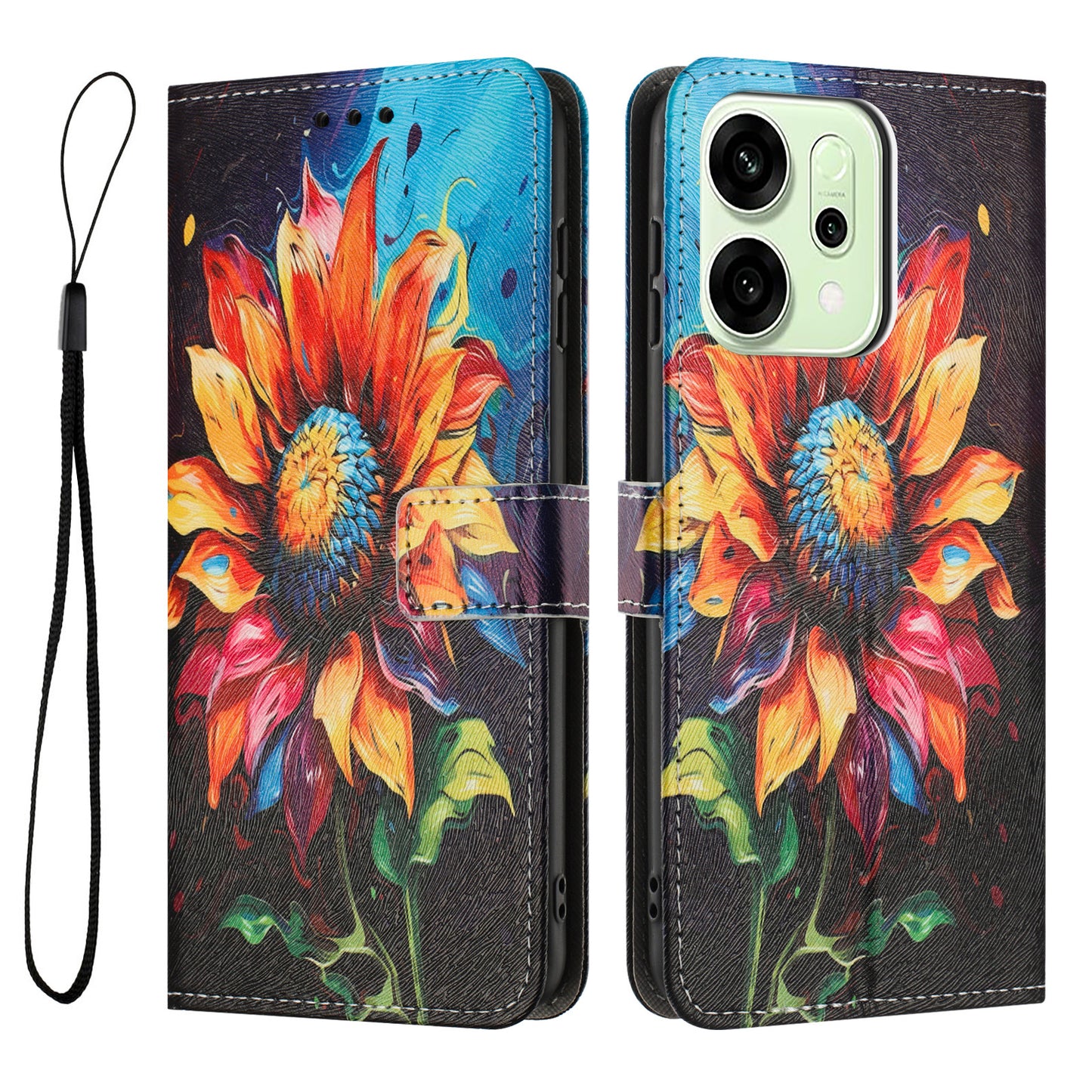 For Oppo Reno14 Pro 5G (China) / Oppo Reno14 Pro 5G (Global) Wallet Case Pattern Printing PU Leather Phone Cover with Lanyard - Sunflower