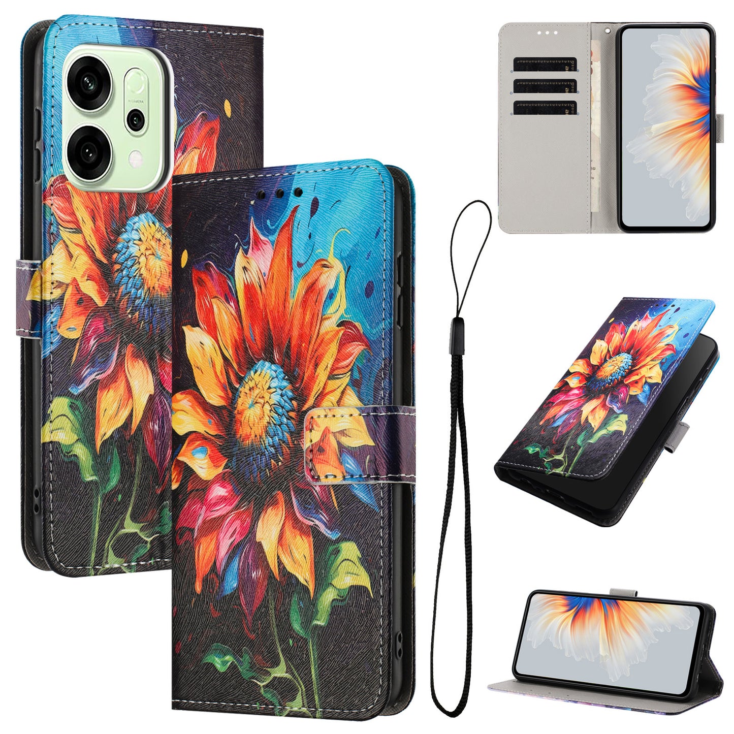 For Oppo Reno14 Pro 5G (China) / Oppo Reno14 Pro 5G (Global) Wallet Case Pattern Printing PU Leather Phone Cover with Lanyard - Sunflower