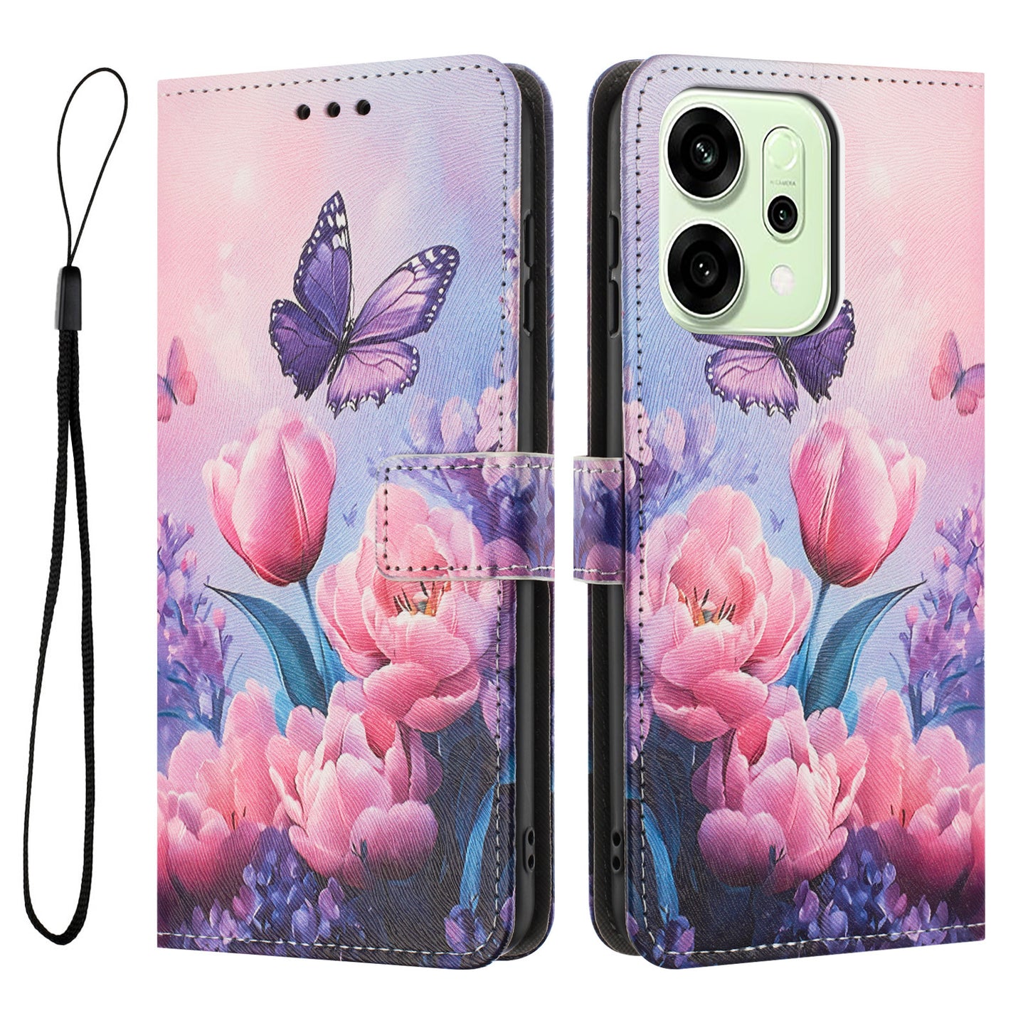 For Oppo Reno14 Pro 5G (China) / Oppo Reno14 Pro 5G (Global) Wallet Case Pattern Printing PU Leather Phone Cover with Lanyard - Pink Flower Butterfly