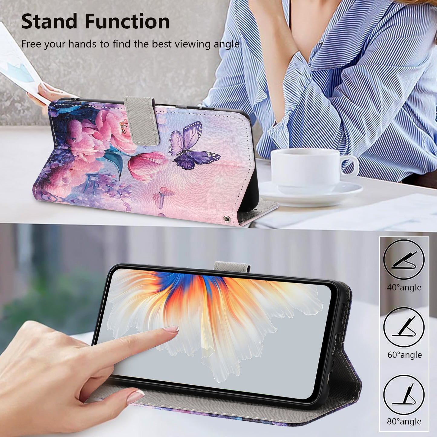 For Oppo Reno14 Pro 5G (China) / Oppo Reno14 Pro 5G (Global) Wallet Case Pattern Printing PU Leather Phone Cover with Lanyard - Pink Flower Butterfly